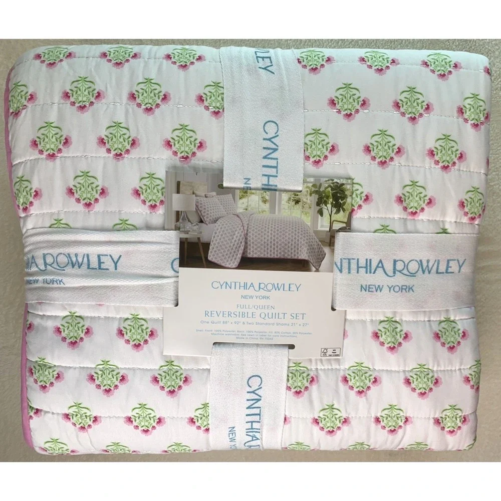 Cynthia Rowley | Full/Queen | Pink Green Floral Reversible Quilt Set Bedding